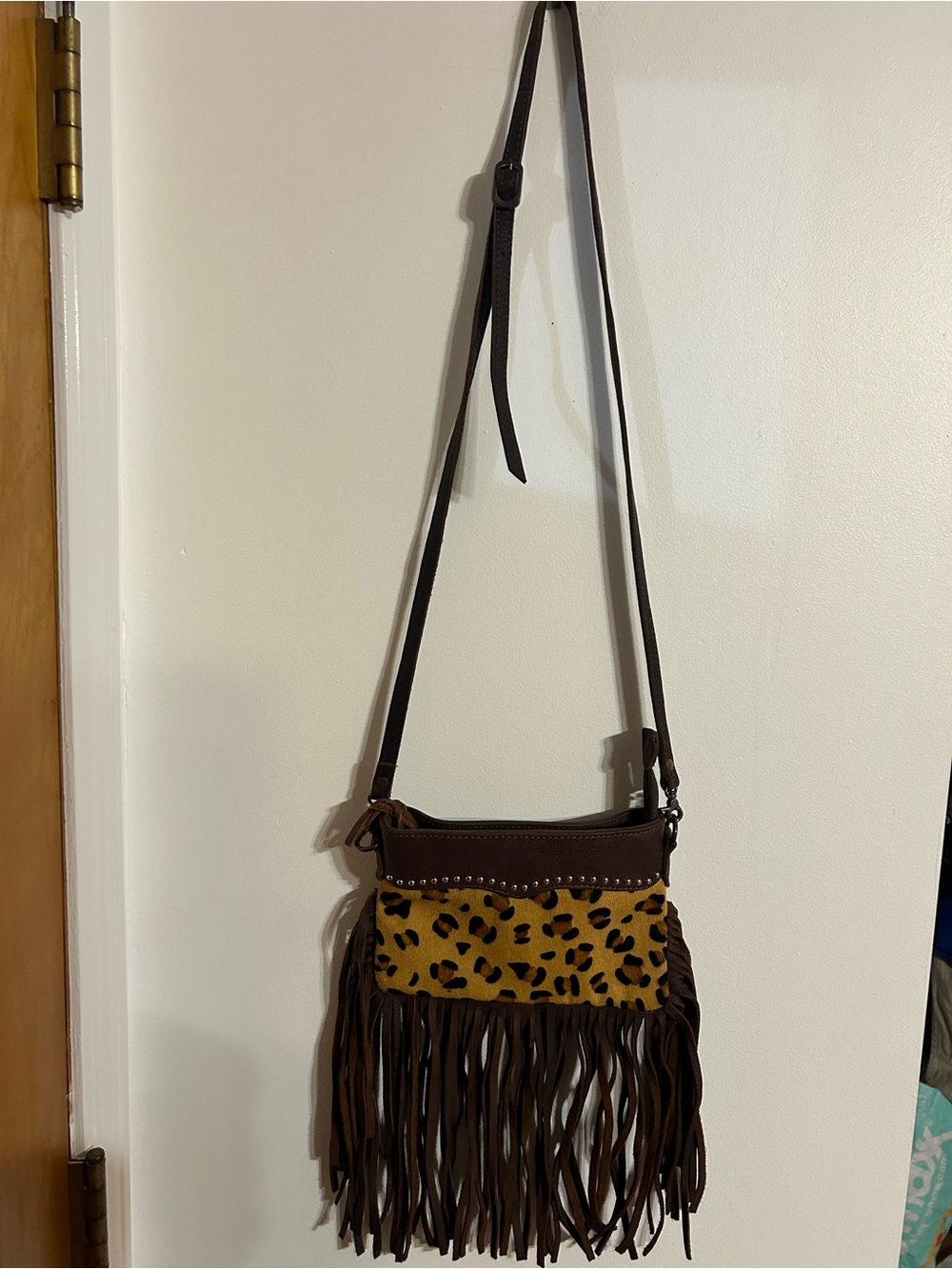American Darling Brown Fringe Crossbody with Leopard Panel